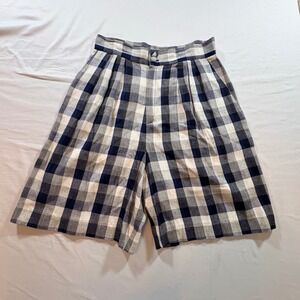 Daily Habit Plaid Shorts Womens 6 Navy White High Waisted Pleated Vintage 90s